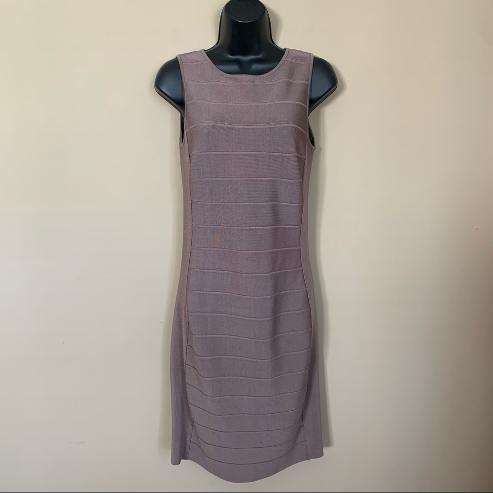 Carmen Marc Valvo Rayon Tan Ribbed Bandage Style Sleeveless Dress